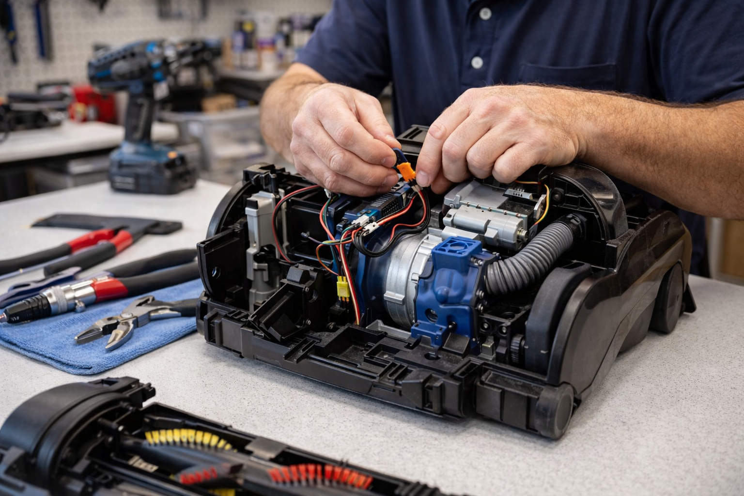 Vacuum disassembled on a repair bench with technician working on internal components