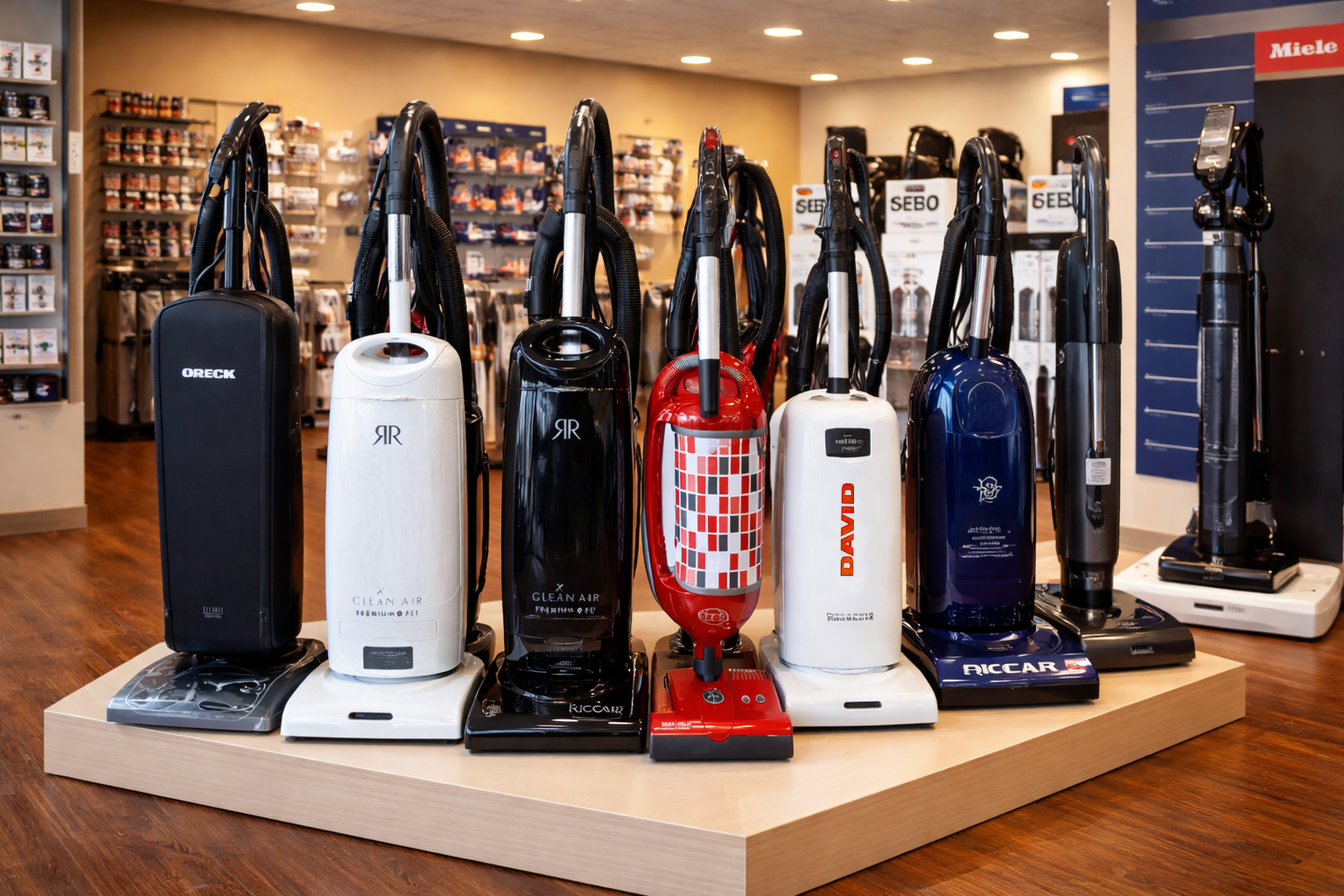 Row of vacuum cleaners displayed inside All Vacuums Sales & Service showroom